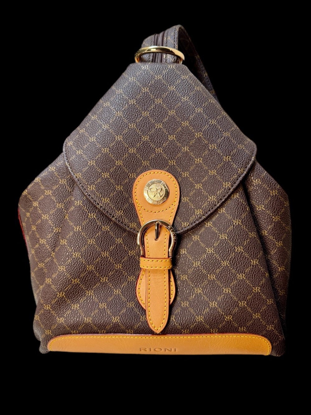 Rioni Signature Charize ST-20082 Brown RR Monogram Backpack Caramel Leather Trim